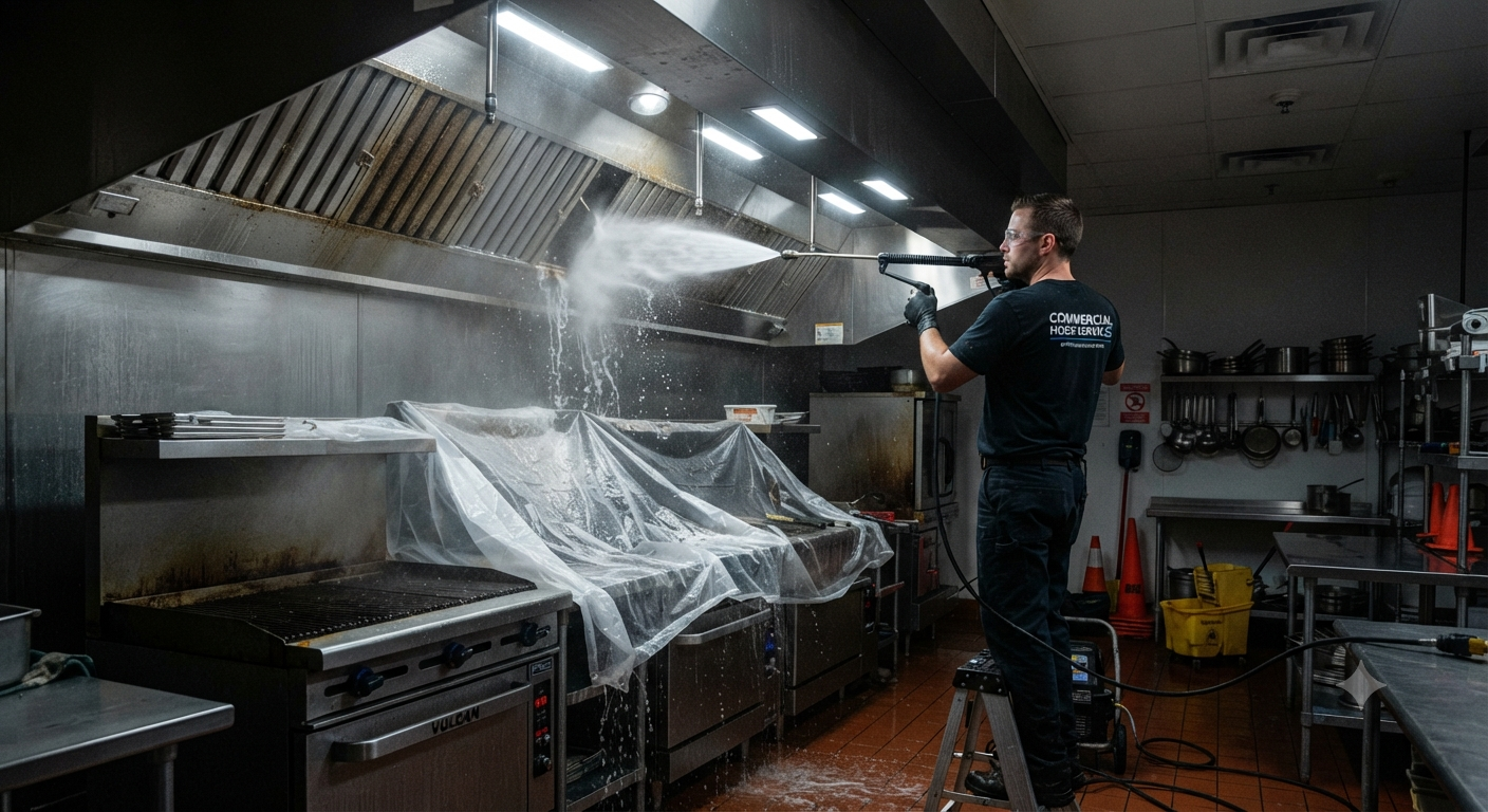 Action Duct technician pressure-washing a commercial kitchen hood and exhaust system